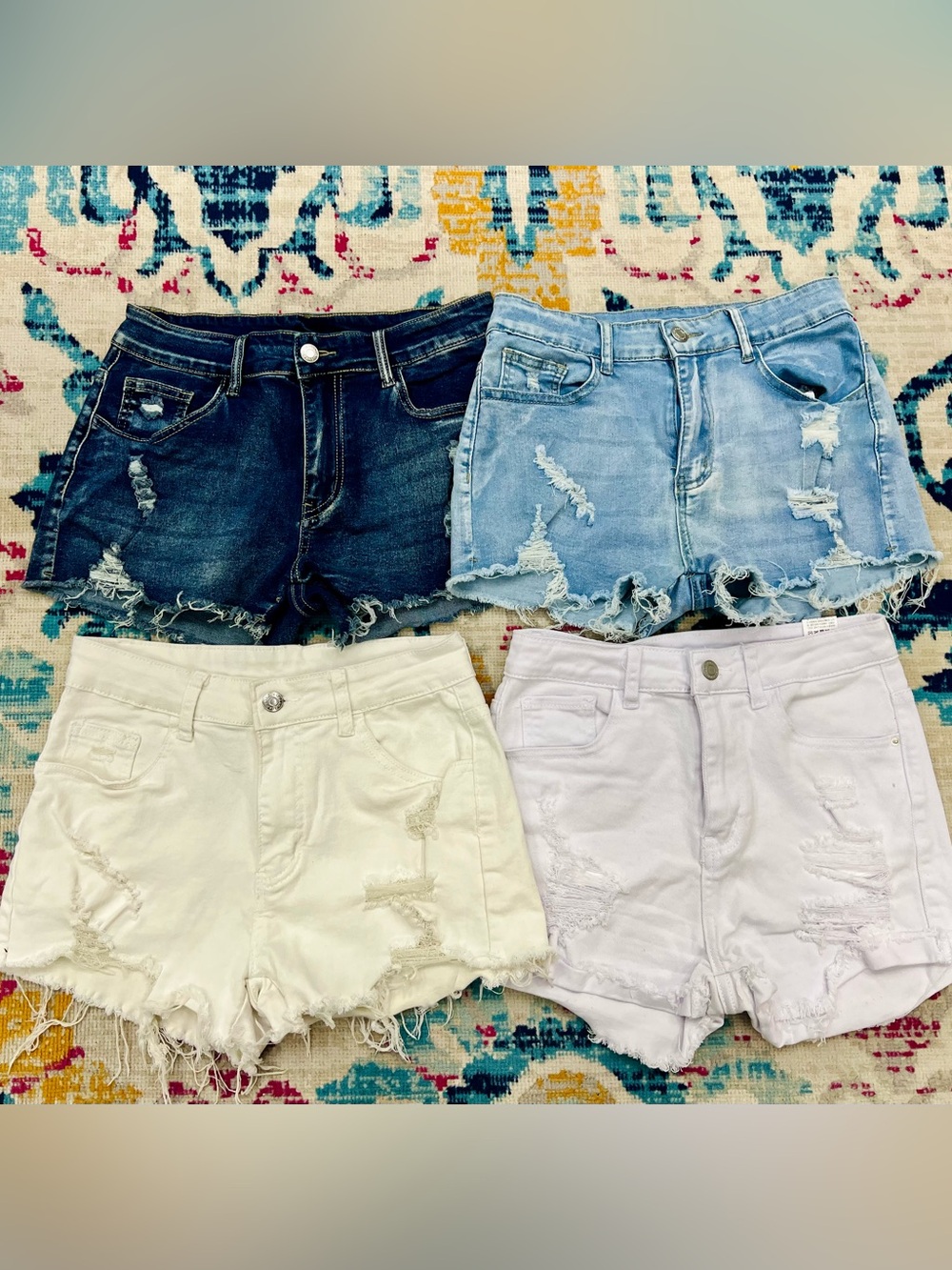 SHEIN lot of 4 denim distressed shorts- dark blue, light blue, white, beige- Med